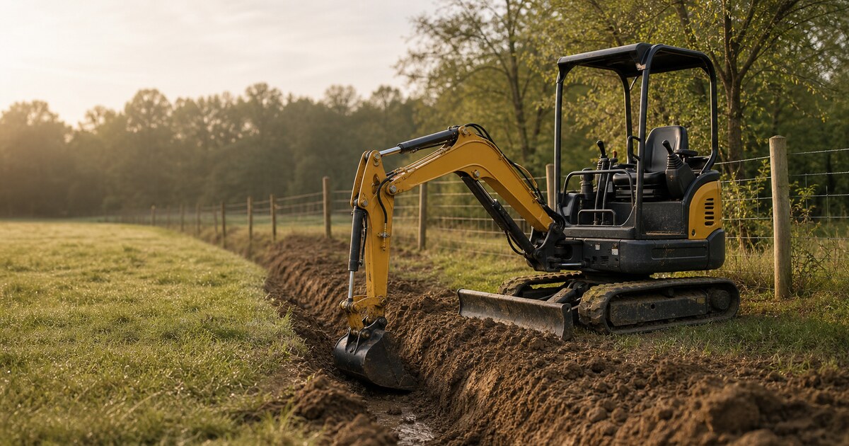 Compact mini excavator digging a shallow drainage trench beside a rural fence line