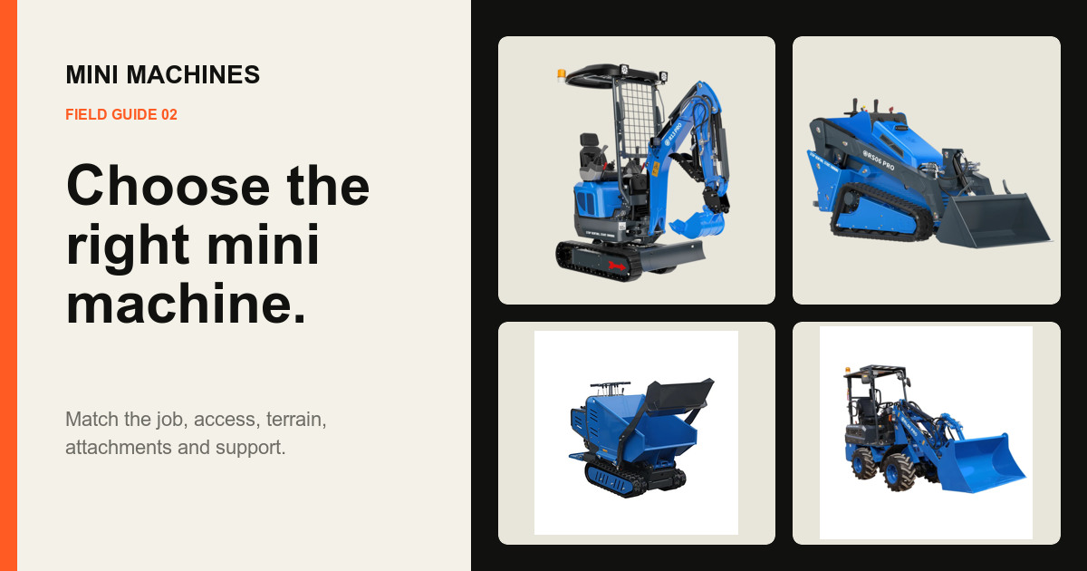 Mini excavator, compact skid steer and mini dumper representing common mini machine choices